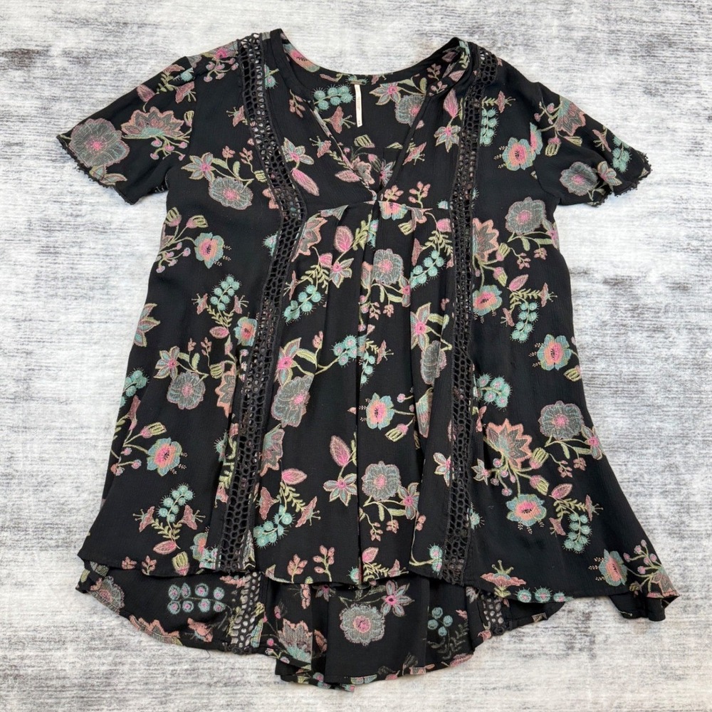 Free People Floral Crochet Lace Inset Tunic Top Black Multi Women‎ Size Medium